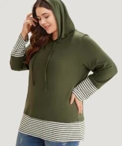 Striped Patchwork Hooded Drawstring T-shirt -Clothing Shop 205808185 rk
