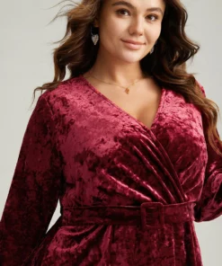 Velvet Overlap Collar Elastic Waist Buckle Detail Blouse -Clothing Shop 205851241 bi