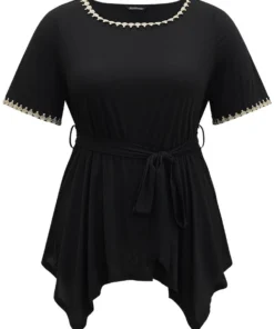 Crochet Lace Round Neck Ties Hanky Hem T-shirt -Clothing Shop 20593470 xx