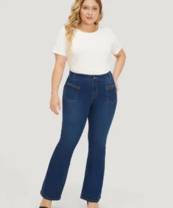 Flare Leg Very Stretchy High Rise Dark Wash Cable Contrast Jeans -Clothing Shop 205954202 kn