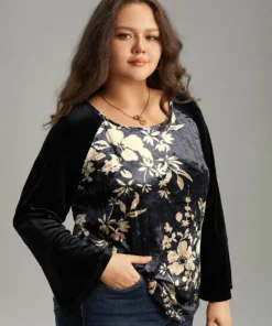 Velvet Floral Patchwork Raglan Sleeve T-shirt -Clothing Shop 20611799 bp