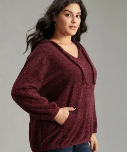 Fuzzy Solid Hooded Pocket Ties Sweatshirt -Clothing Shop 206796021 gz