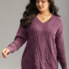 Solid Cable Knit V Neck Split Side Pullover