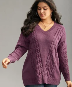 Solid Cable Knit V Neck Split Side Pullover