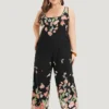 Floral Square Neck Zip Back Pocket Jumpsuit -Clothing Shop 207135734 cy