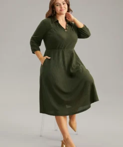 Waffle Knit Button Detail Lapel Collar Dress -Clothing Shop 207201158 dg