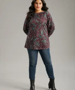 Paisley Print Round Neck Slightly Stretchy T-shirt -Clothing Shop 207284194 mx