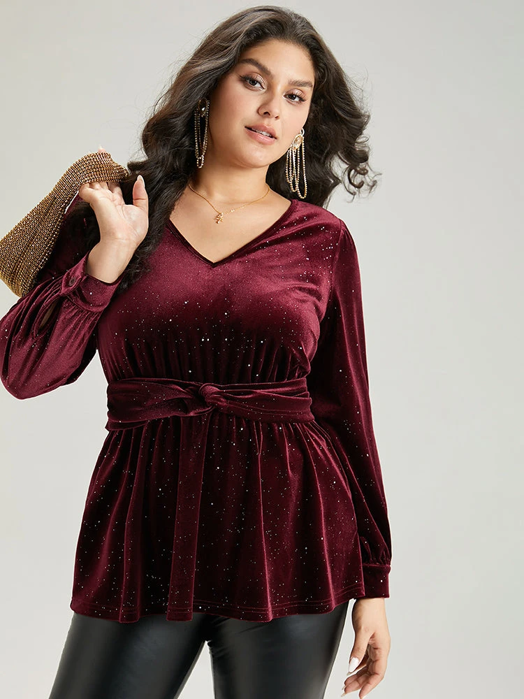 Glitter Sequin Velvet Twist Front V Neck Blouse 8 Glitter Sequin Velvet Twist Front V Neck Blouse - Image 6