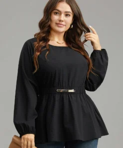 Cotton Solid Metal Detail Lantern Sleeve Blouse