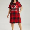 Christmas Elk Print Crew Neck Pocket Sleep Dress -Clothing Shop 207530310 ml