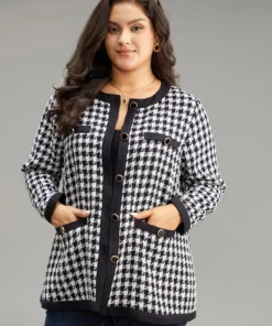 Twill Houndstooth Button Detail Pocket Coat -Clothing Shop 207755887 fh