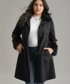 Solid Fuzzy Trim Button Through Belted Coat