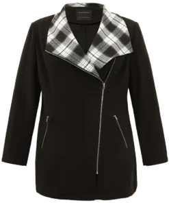 Plaid Patchwork Lapel Collar Zipper Coat -Clothing Shop 208100452 mi