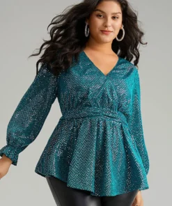 Sequin Wrap Ruffles Ruched Lantern Sleeve Blouse -Clothing Shop 208761382 rd