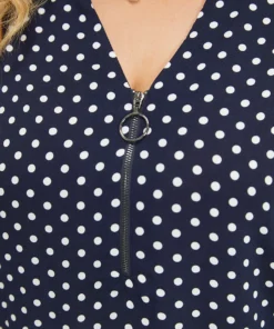 Polka Dot Zipper Notched Dolman Sleeve Blouse -Clothing Shop 209365100 pb