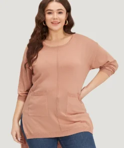 Solid Patched Pocket Split Side High Low Hem Pullover 15 Solid Patched Pocket Split Side High Low Hem Pullover -Clothing Shop 209394575 kj