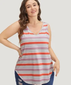 Striped Contrast V Neck Arc Hem Tank Top