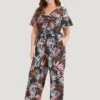 Tropical Print Knot Neck Shirred Wrap Jumpsuit