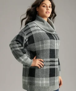 Plaid Turtle Neck Drop Shoulder Pullover -Clothing Shop 210761324 ml