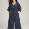Polka Dot V Neck Knot Backless Lantern Sleeve Jumpsuit