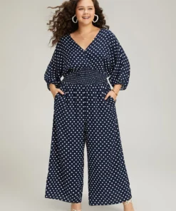 Polka Dot V Neck Knot Backless Lantern Sleeve Jumpsuit