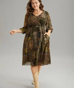 Boho Print Wrap Elastic Waist Belted Dress 11 Boho Print Wrap Elastic Waist Belted Dress -Clothing Shop 211504931 hz