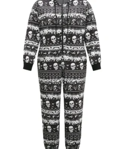 Halloween Skull Print Zipper Hooded Drawstring Sleep Jumpsuit -Clothing Shop 211663456 tn