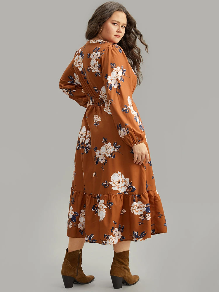 Floral Print Notched Shirred Elastic Cuffs Dress 5 Floral Print Notched Shirred Elastic Cuffs Dress - Image 3