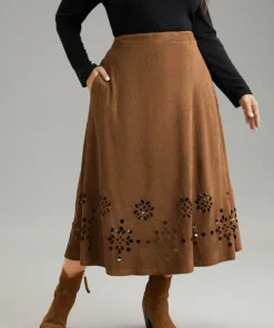 Plain Elastic Waist Pocket Laser Cut Skirt -Clothing Shop 212687350 xk
