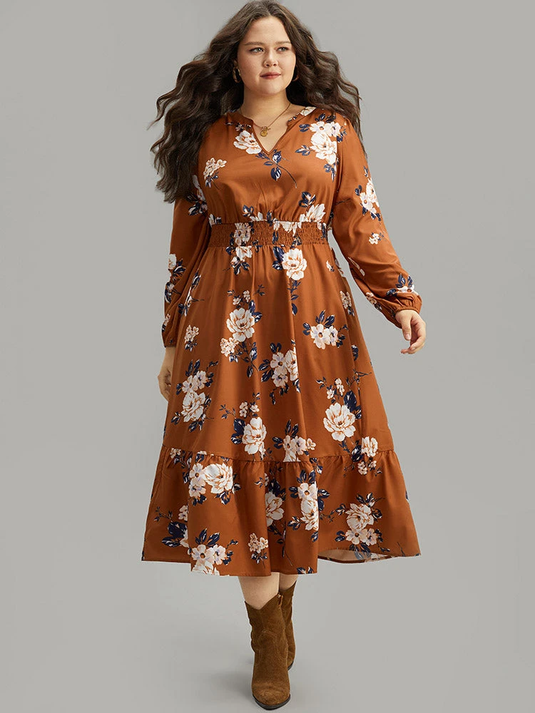 Floral Print Notched Shirred Elastic Cuffs Dress 4 Floral Print Notched Shirred Elastic Cuffs Dress - Image 2