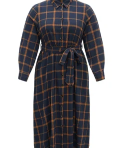 Plaid Shirt Collar Button Fly Belted Dress -Clothing Shop 212998712 ce