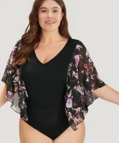 Floral Print Patchwork Mesh Asymmetrical Sleeve Bodysuit 16 Floral Print Patchwork Mesh Asymmetrical Sleeve Bodysuit -Clothing Shop 213480657 mb