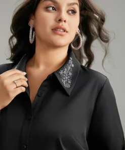 Anti-Wrinkle Rhinestone Button Up Tab Sleeve Blouse -Clothing Shop 213586798 pu