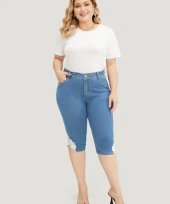 Very Stretchy High Rise Medium Wash Guipure Lace Knee Denim Shorts -Clothing Shop 213623675 fx