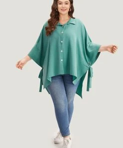 Plain Shirt Collar Asymmetrical Hem Bowknot Kimono -Clothing Shop 21379166 tt