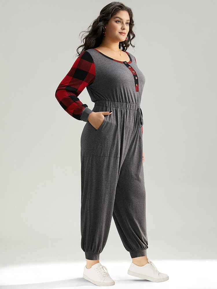 Plaid Patchwork Pocket Button Up Bowknot Jumpsuit 5 Plaid Patchwork Pocket Button Up Bowknot Jumpsuit - Image 3