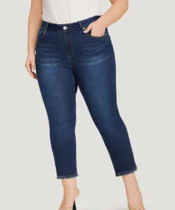Plain Split Side Beaded Detail Dark Wash Jeans -Clothing Shop 214203094 kk