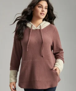 Waffle Knit Pocket Hooded Patchwork Sweatshirt