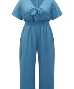 Textured Bowknot V Neck Shirred Pocket Jumpsuit -Clothing Shop 214629106 ch