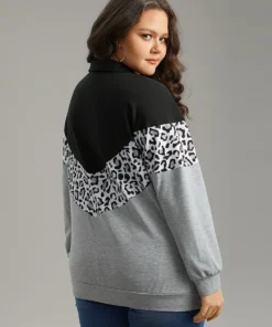 Leopard Contrast Patchwork Half Zip Sweatshirt -Clothing Shop 214764266 hf