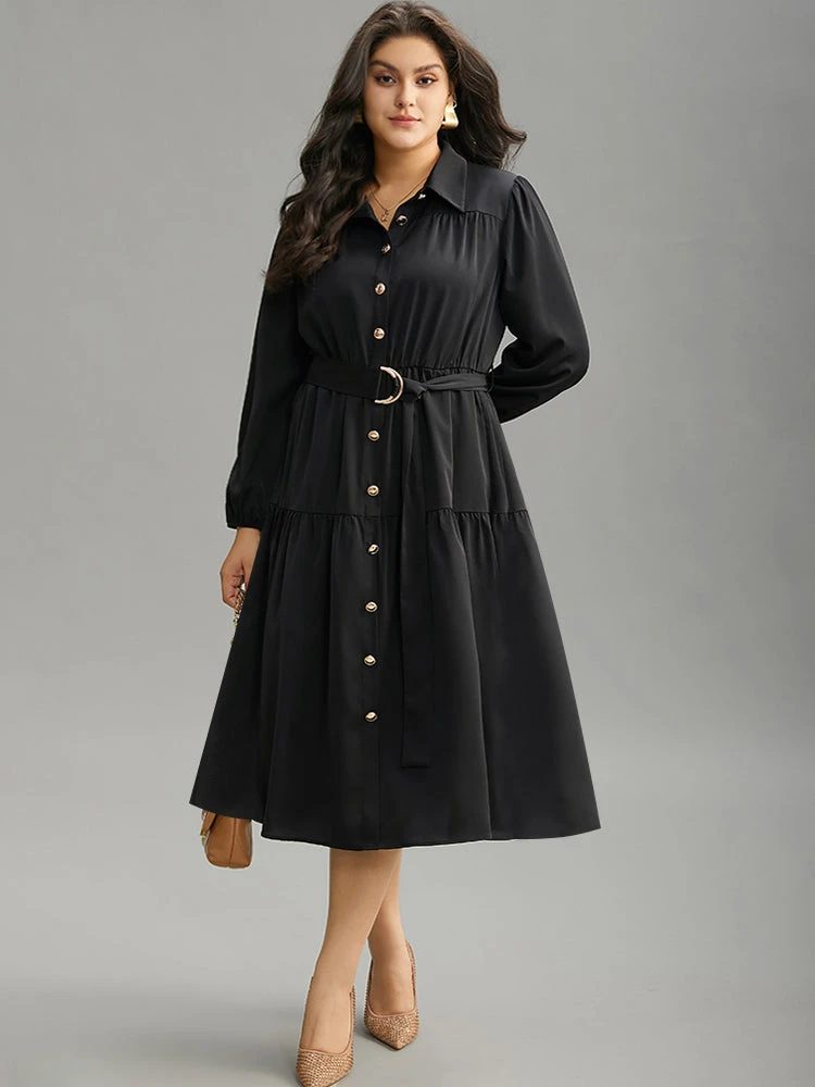 Anti-Wrinkle Shirt Collar Belted Metal Detail Dress 4 Anti-Wrinkle Shirt Collar Belted Metal Detail Dress - Image 2