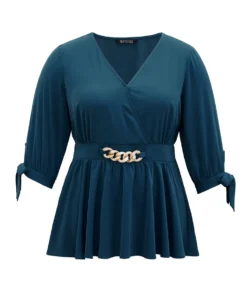 Plain Bowknot Ties Buckle Detail Wrap Blouse -Clothing Shop 21548331 zj