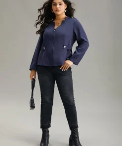 Plain Button Detail Notched Zipper Blazer -Clothing Shop 215924061 pt