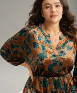 Velvet Floral Print Notched Lantern Sleeve Dress -Clothing Shop 215963778 ke 57fb9484 e316 4599 a120 05275d9385b7