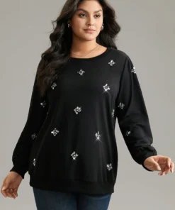 Beaded Floral Elastic Cuffs Sweatshirt -Clothing Shop 216725286 wi