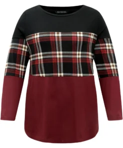 Plaid Contrast Patchwork Round Neck T-shirt -Clothing Shop 216803298 ig