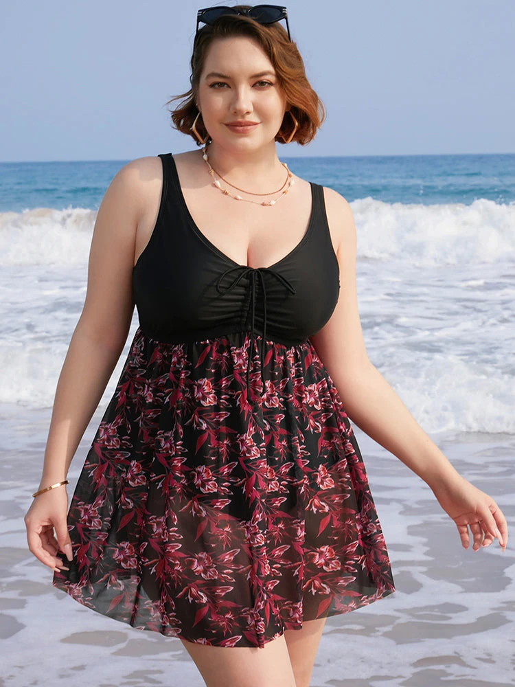 Plant Print Drawstring Ruffles Ruched A Line Swim Dress 5 Plant Print Drawstring Ruffles Ruched A Line Swim Dress - Image 3