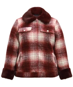 Plaid Patchwork Button Through Fuzzy Trim Woolen Jacket -Clothing Shop 216963062 vh