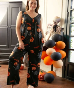 Halloween Print Button Detail Sleeveless Sleep Jumpsuit -Clothing Shop 21699739 uk