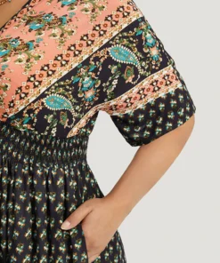 Bandana Print Wrap Shirred Batwing Sleeve Dress -Clothing Shop 217020028 ff